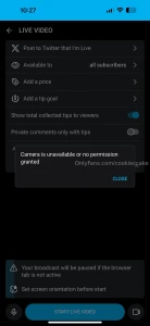 Been trying to go live but it won t let me i press allow access to