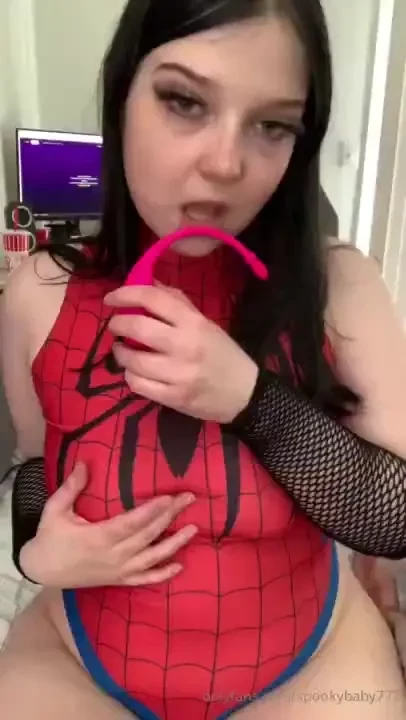 Spider- girl shoving her lush in her tight lil wet pussy 