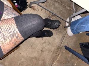 Goth legs in thigh highs n fishnets n crocs part 1