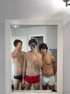 Watch as three hot guys jerk each other and have fun lots of cum in part 1