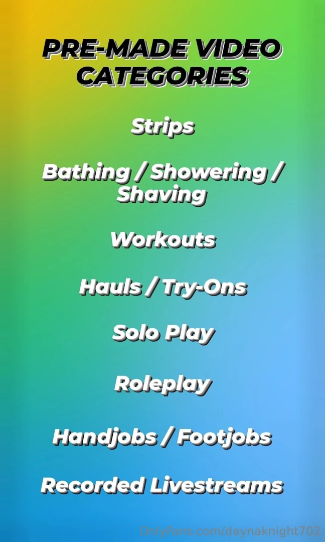 Here is a list of the types of videos i currently have available as part 1 