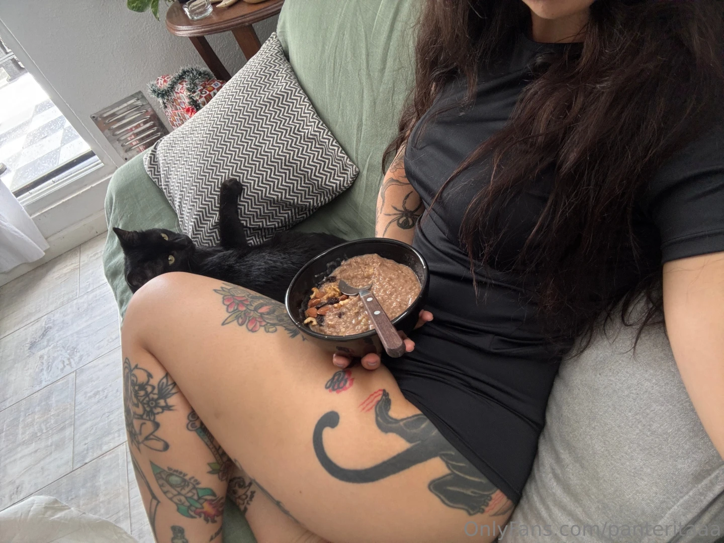 A lazy morning with oatmeal my furry partner and a cozy atmosphere you 