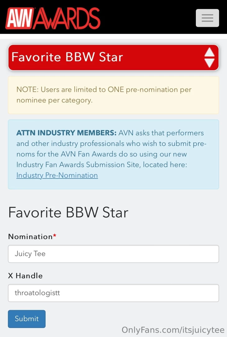 Nominate me juicy tee for favorite bbw star https avn com awards 