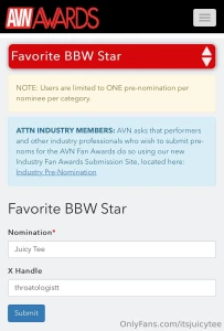 Nominate me juicy tee for favorite bbw star https avn com awards