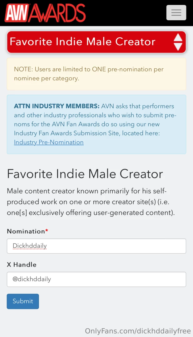 Go shoot me a vote to get me nominated for an avn award all love is 