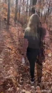 Hiking flashing and fucking in the forest in the public trail with