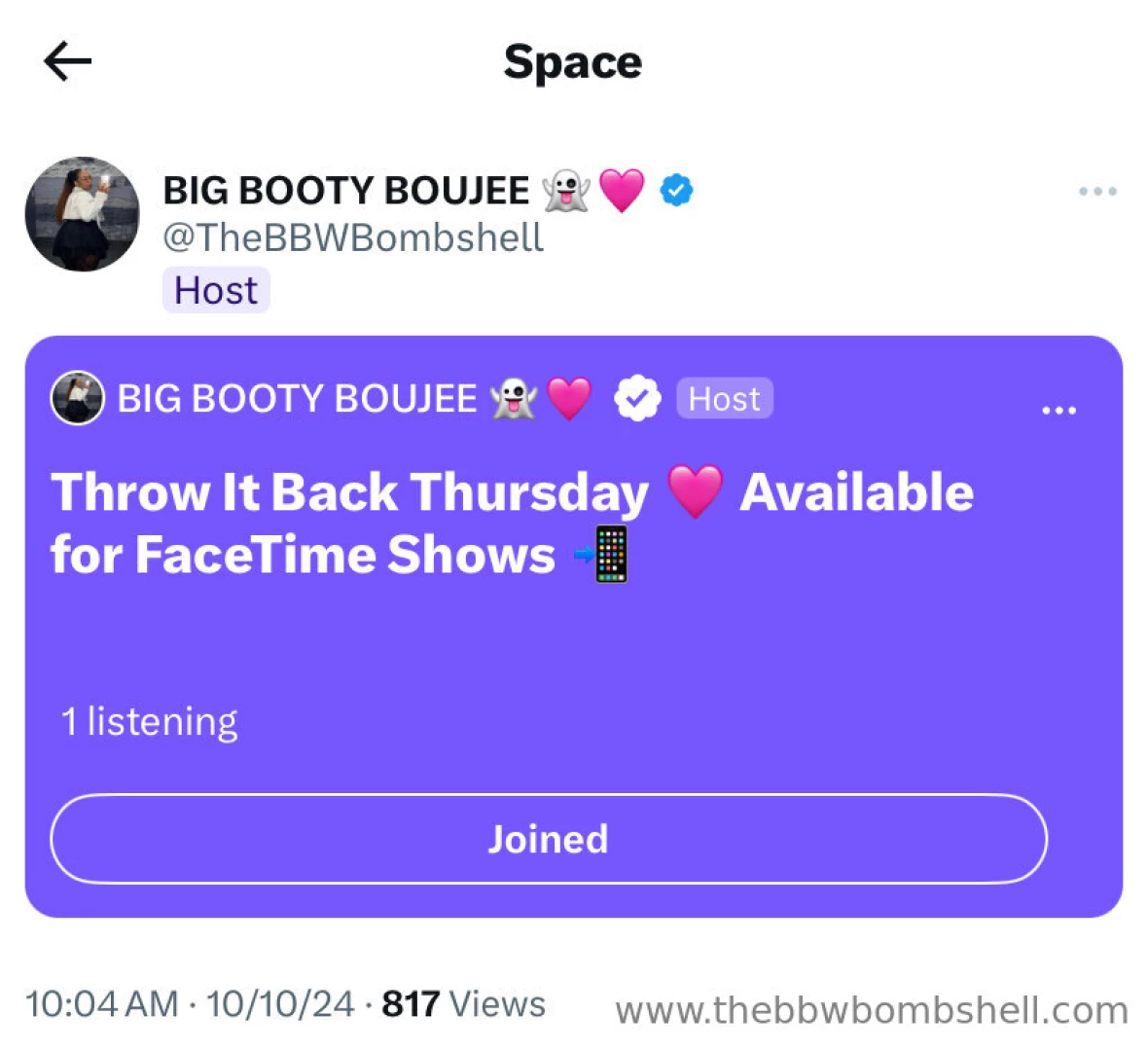 I m live on twitter spaces come talk to me https x com thebbwbombshell 