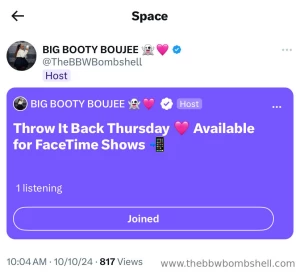 I m live on twitter spaces come talk to me https x com thebbwbombshell