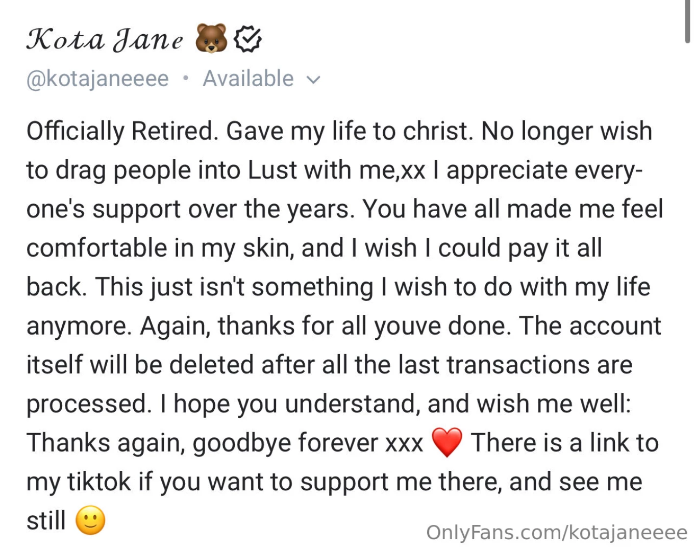 Kota jane - signing off thank you for your continued support lt 3 