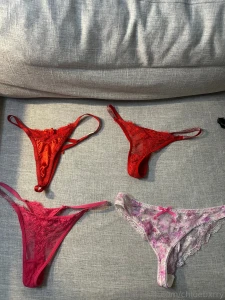 First row 1 red lacey christmas thong with bows 2 red lace thong with