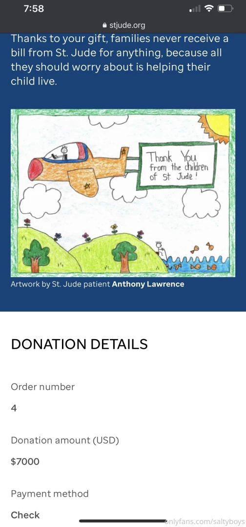 Hey crew happy friday check received by st jude this morn you guys 