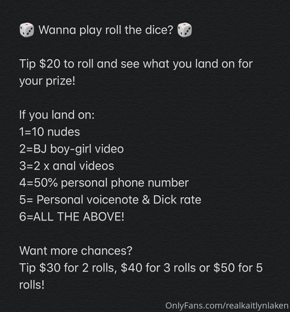 Wanna play roll the dice tip 20 to roll and see what you land on for 
