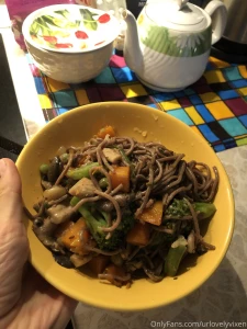 Soba noodles with fresh pumpkin cauliflower green beans peas oyster