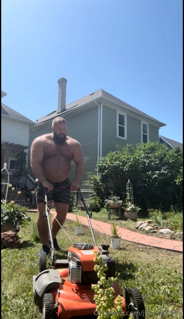 Big hairy dad mowing the lawn part 1 