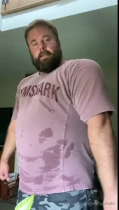Big sweaty dad in white briefs flexing and taking a shower
