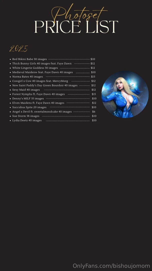 Updated 1st may 2025 here is the price list for all my past photosets 