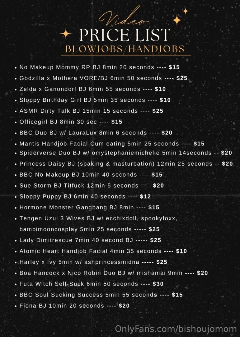 Menu price list for all my past full length videos you can tip here or part 2 