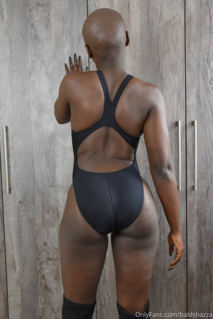 Tight fitting black yingfa swimsuit with a fresh bald shaved head part 3 