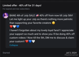 Bang 4th of july sale is now live both of my exclusive paid pages are