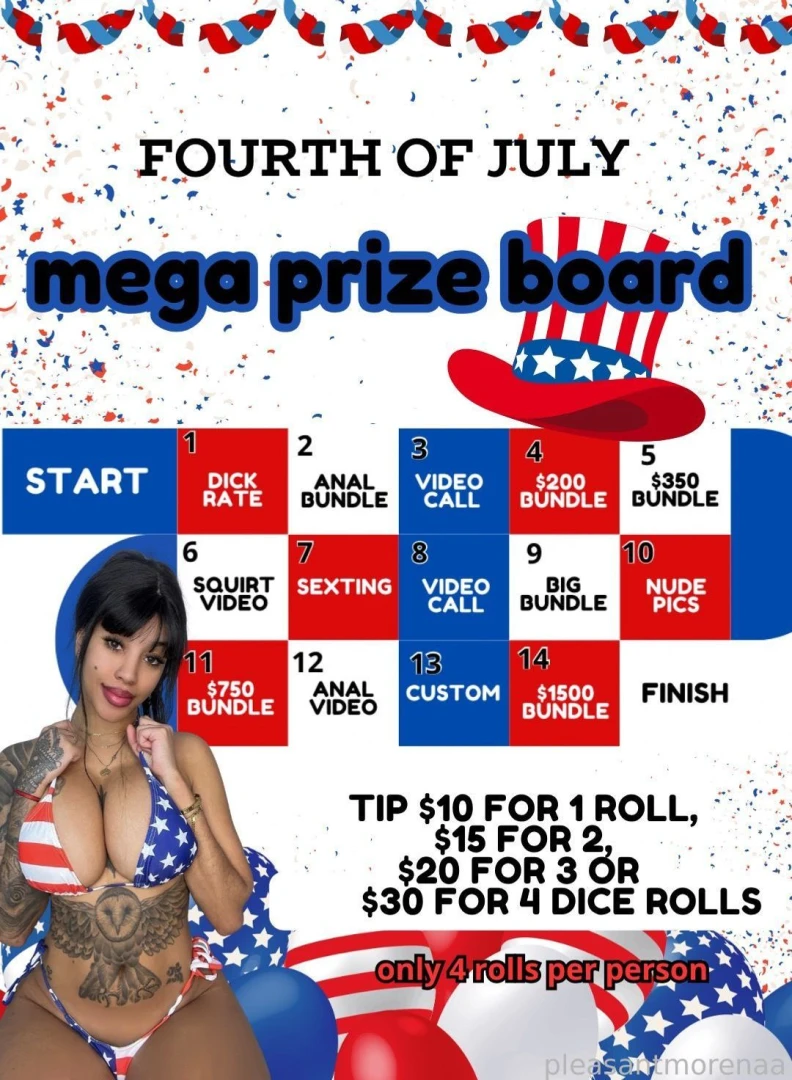 Fourth of july mega prize board how to play tip 10 for 1 roll 15 for 2 