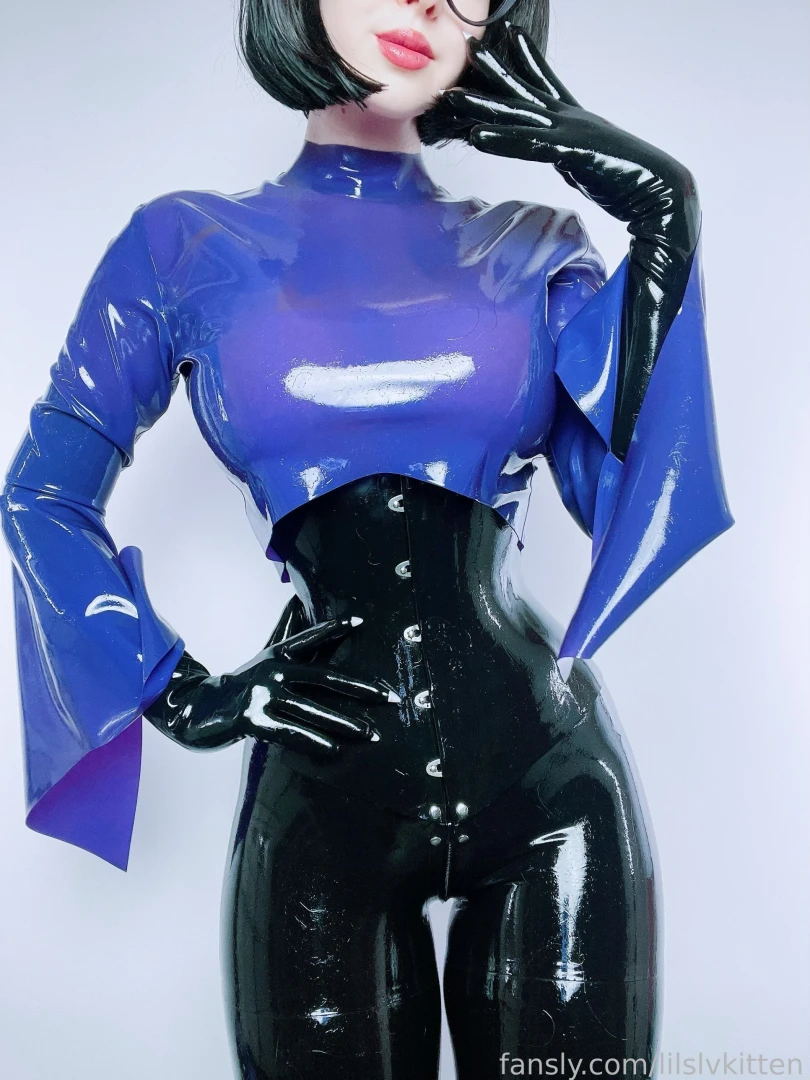 Purple mood latex rubber fetish corset gloves glasses part 3 