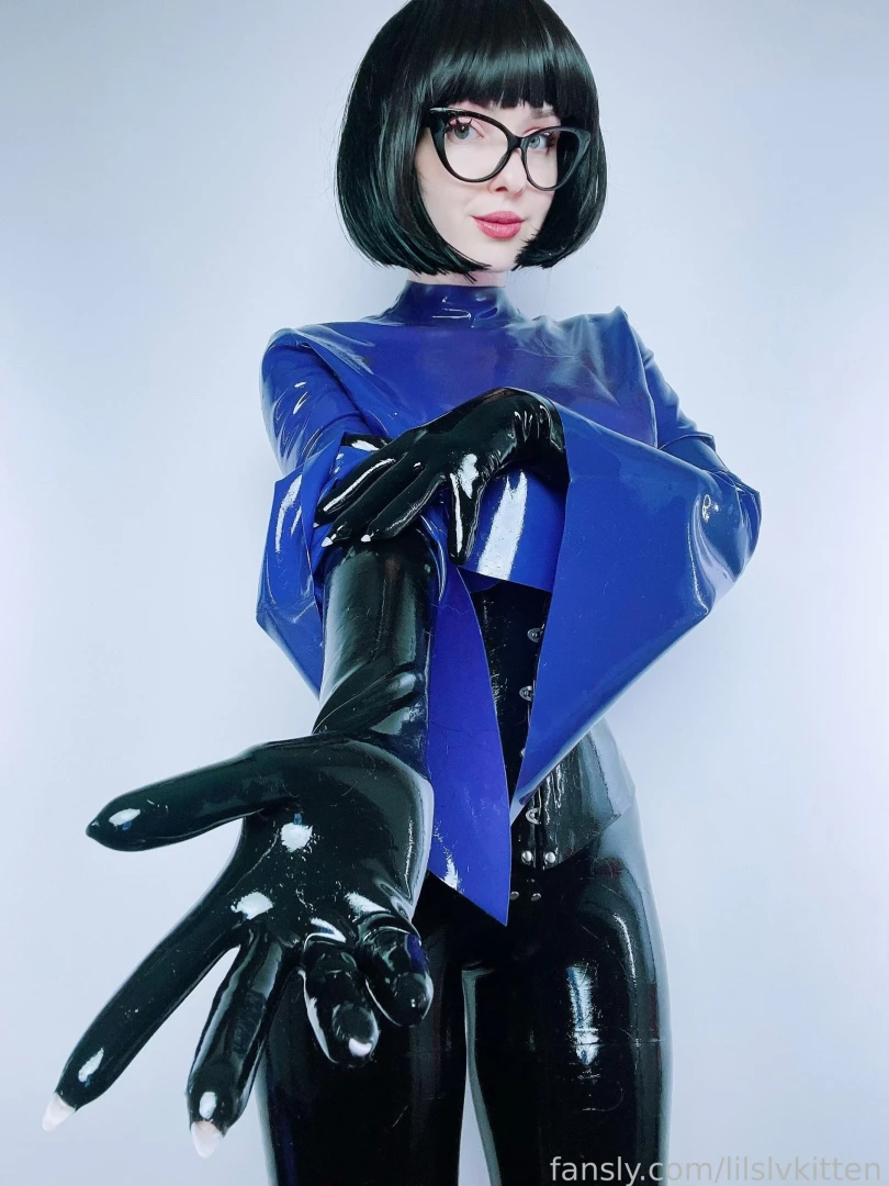 Purple mood latex rubber fetish corset gloves glasses 