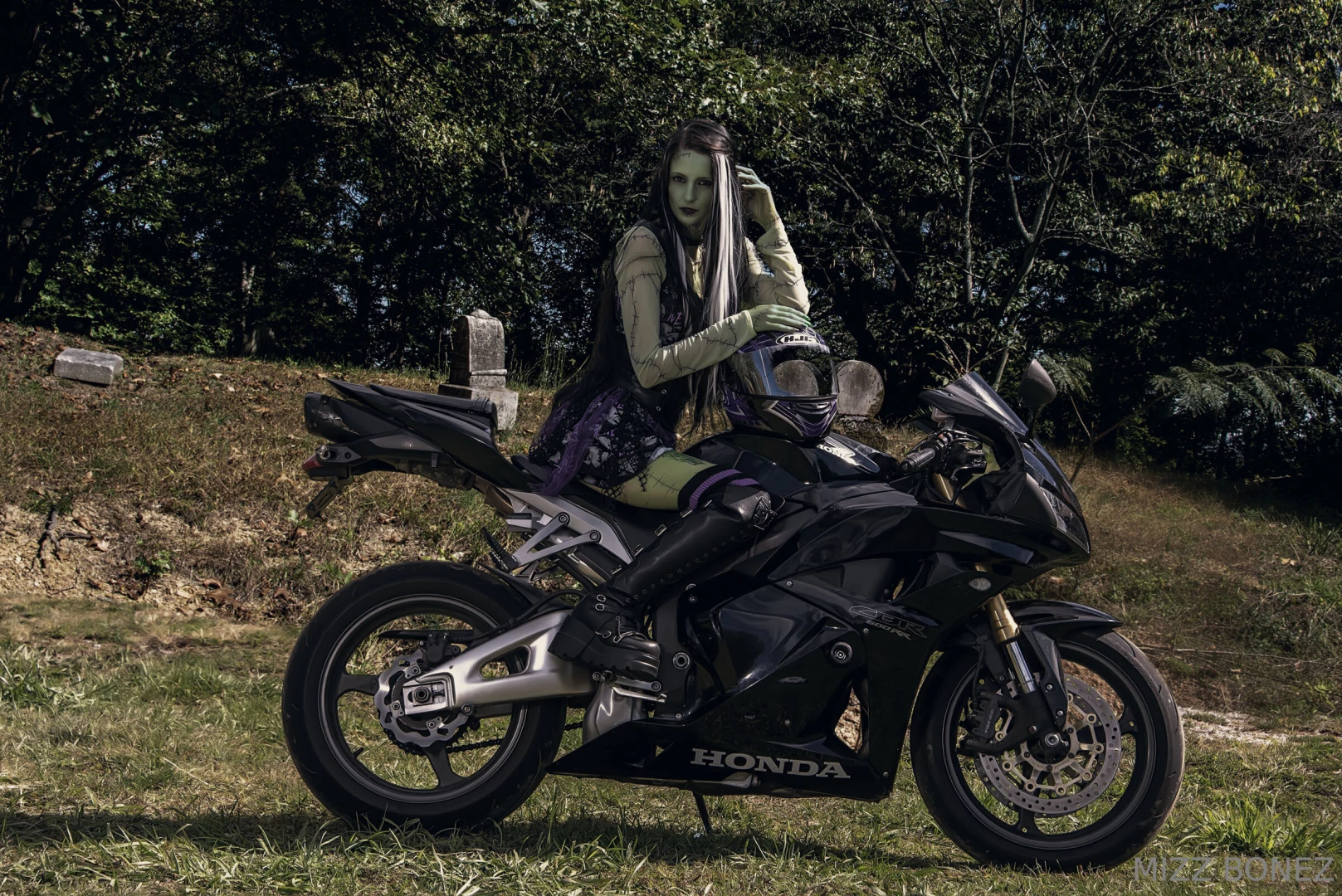 Bride of frankenstein cosplaying moto version complete with matching 