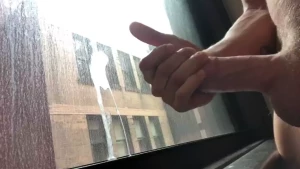 Cum on hotel room window in front of strangers