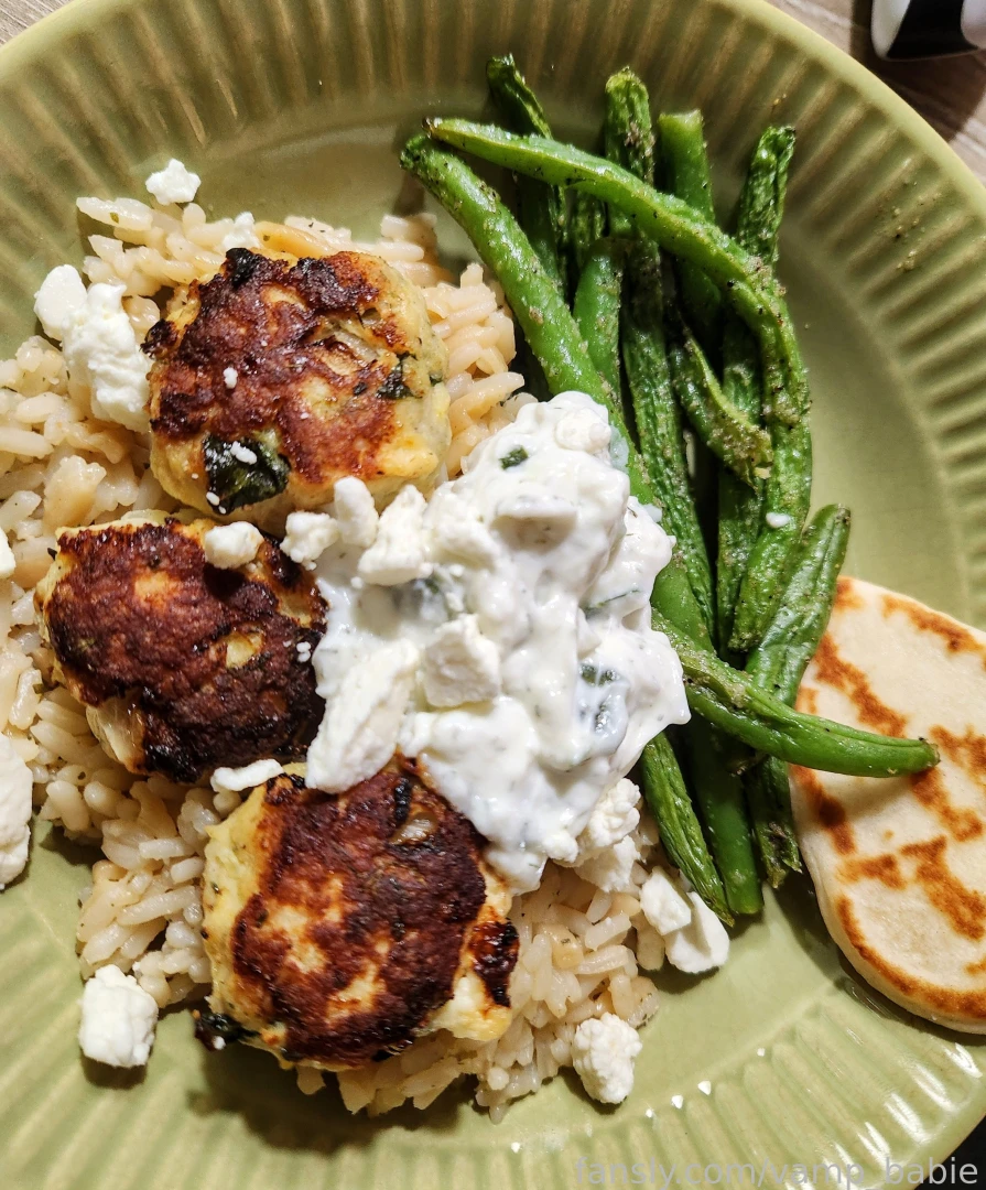 Greek chicken meatballs w rice pilaf and green beans i made today lil 