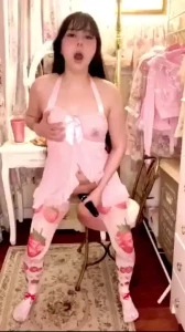Standing orgasm with the lovense domi in a short pink lingerie gown