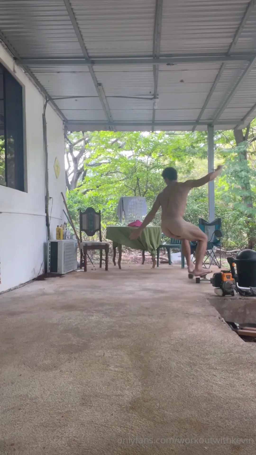 Rainy day naked skateboarding 