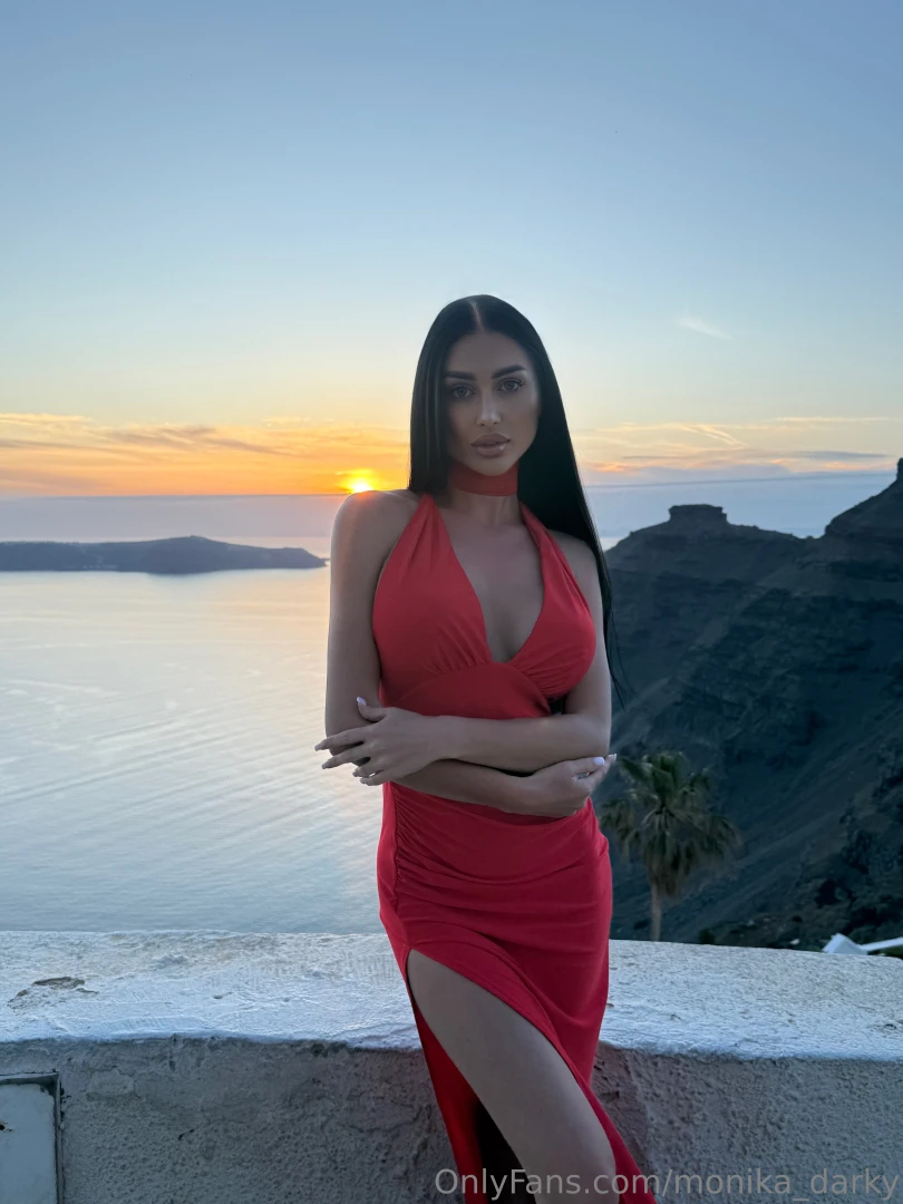 Sunset and me in a red dress what shall we top it off with honey 