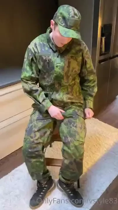 Playing with my horny toy again while wearing my army gear nice load 