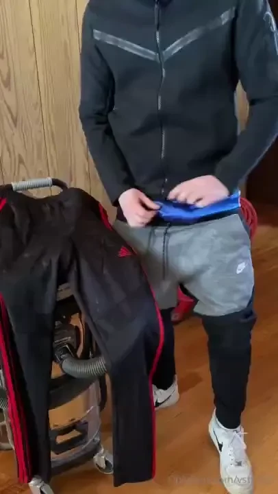 Wearing my cumrag nike tech sweatpants and shooting a great load on my 