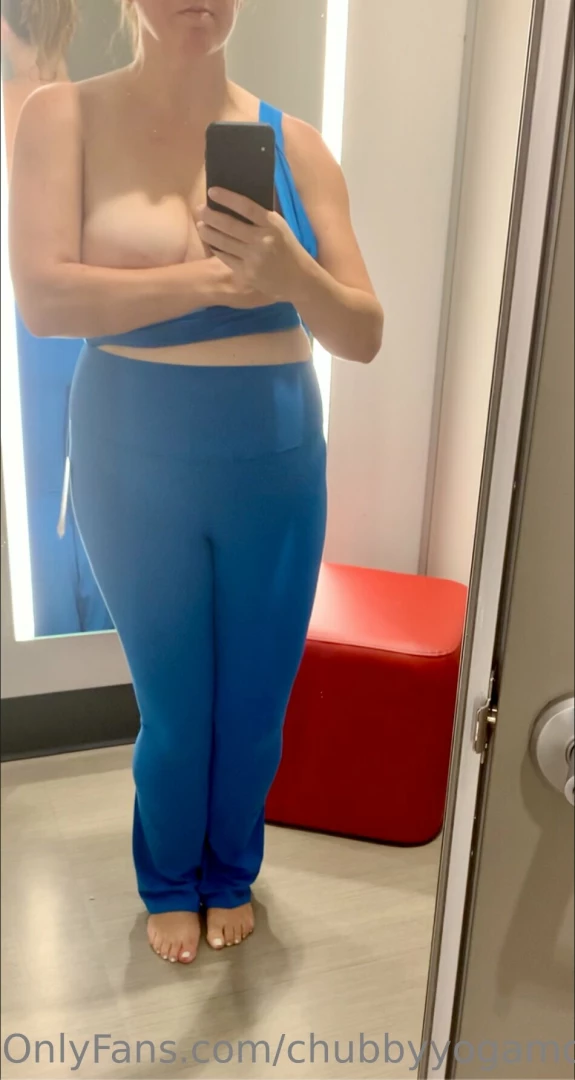 The blue yoga outfit with some mom boobs at the end for you 