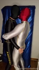 Lockedhunk original having some fun in full body suit who got to cum