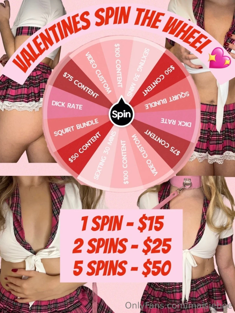 Valentines day spin the wheel 1 spin 15 2 spins 25 5 spins 50 