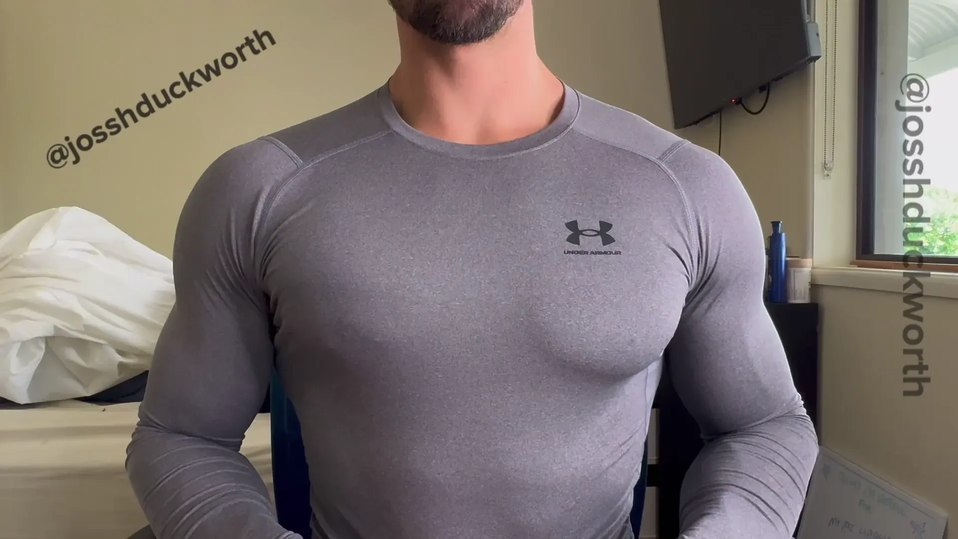 Pec amp nipple play in compression top after gym trailer just home 