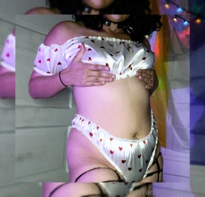 I m wearing black hair white and red heart lingerie with fishnets and part 1