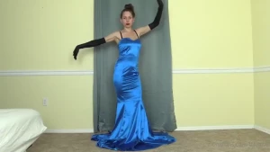 Topless burlesque in satin mermaid gown dress in this custom video i