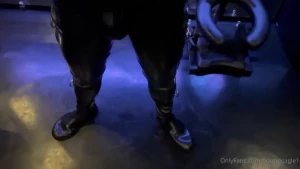 Part one of two leather master using the slave in heavy bondage rubber