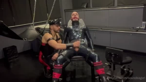 Gimp slave is restrained to the bench and milked by me in full rubber part 1