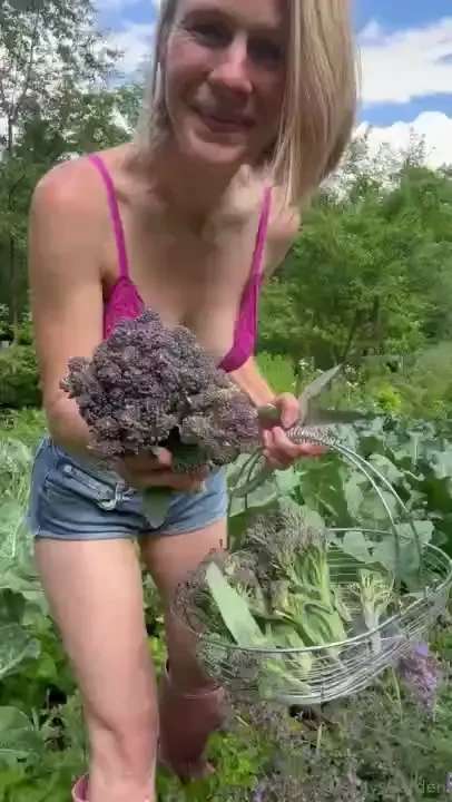 Just a green-thumbed girl picking purple broccoli in a purple bra part 1 