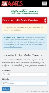 Please nominate tad pole for fav indie male creator for the avn fan