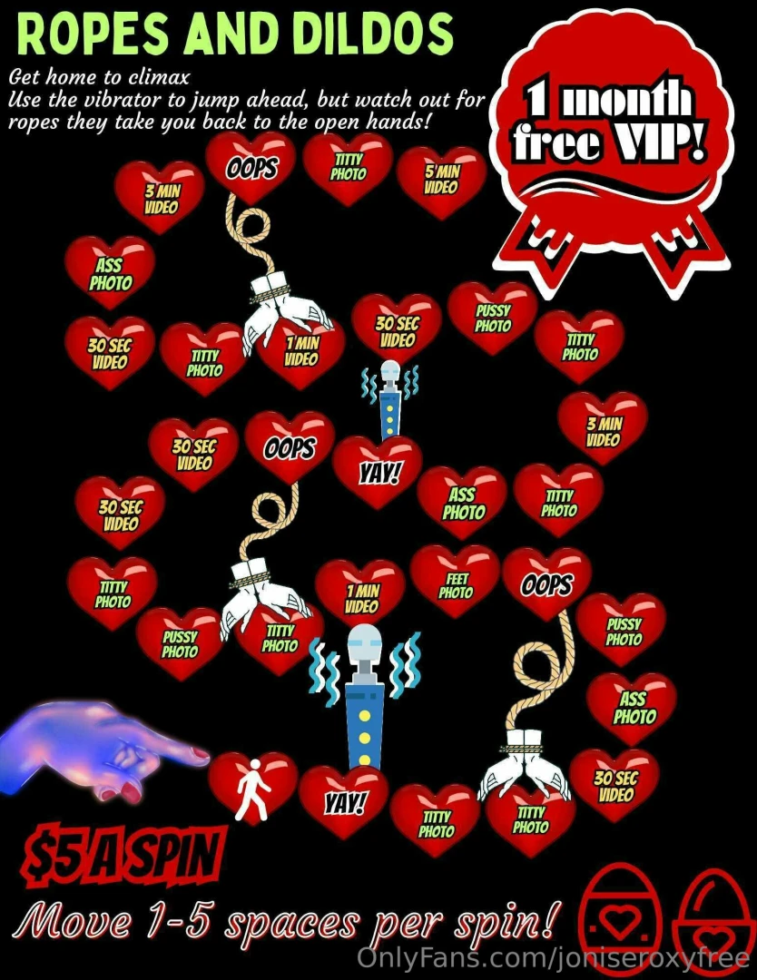 Ropes and dildos 5 per spin and move up to 5 spaces use the vibrator 