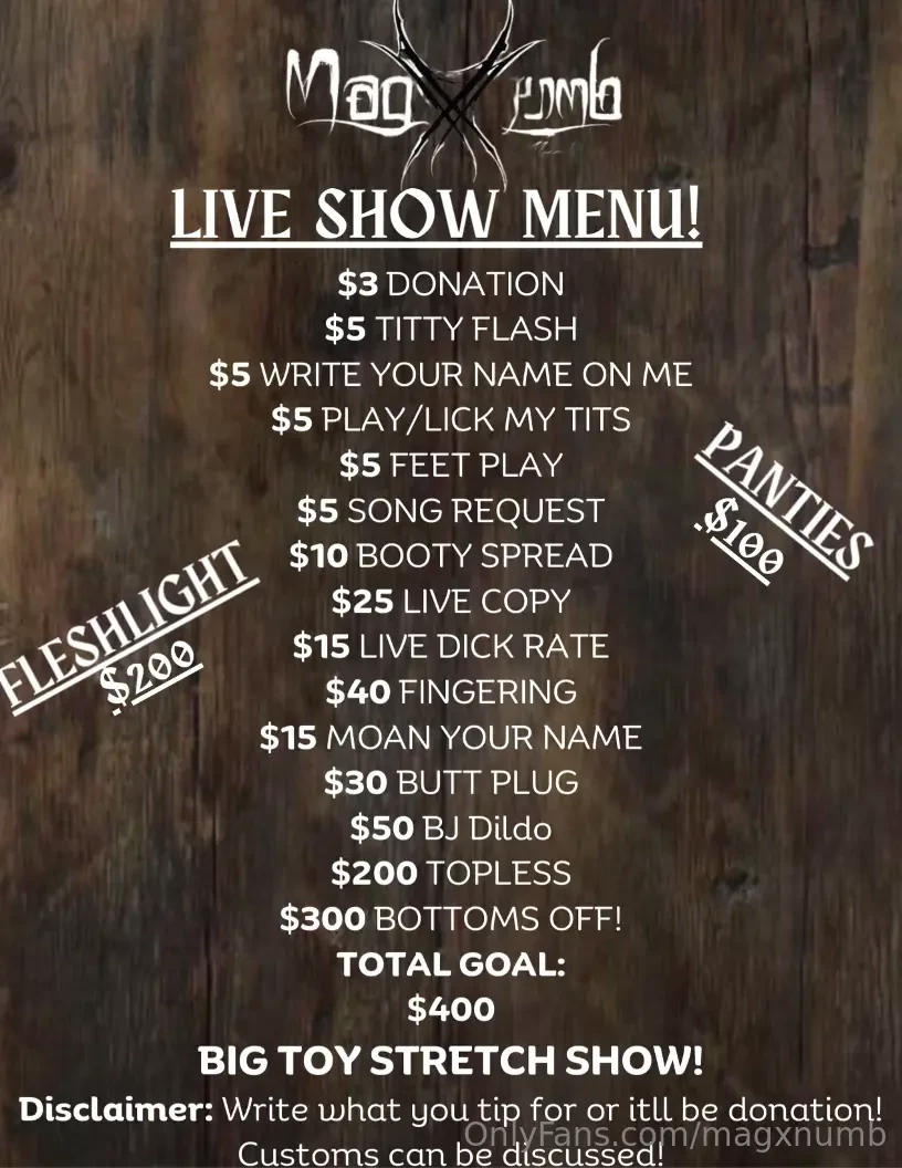 Tomorrows live show menu lets get this tight pussy stretched see you 