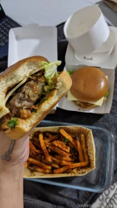 One of these burgers is half beef half not beef and you can only kind