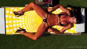 Voyeur uses drone to spy on big boobs girl while she plays with her