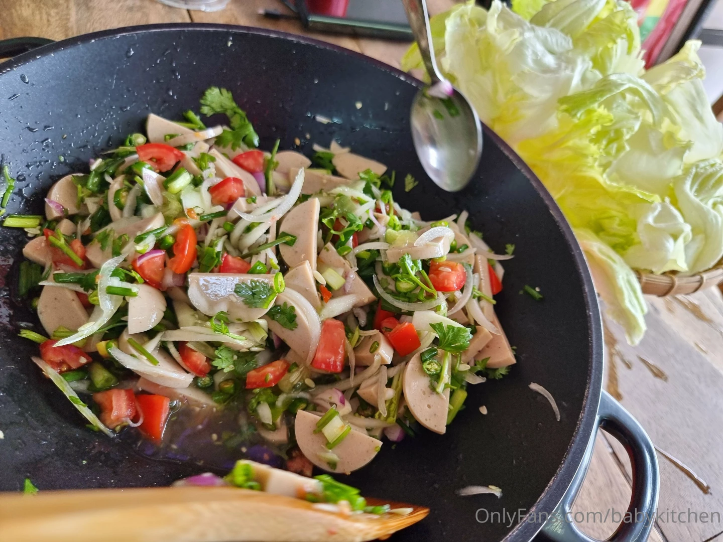 I made a spicy sausage salad it s so spicy 