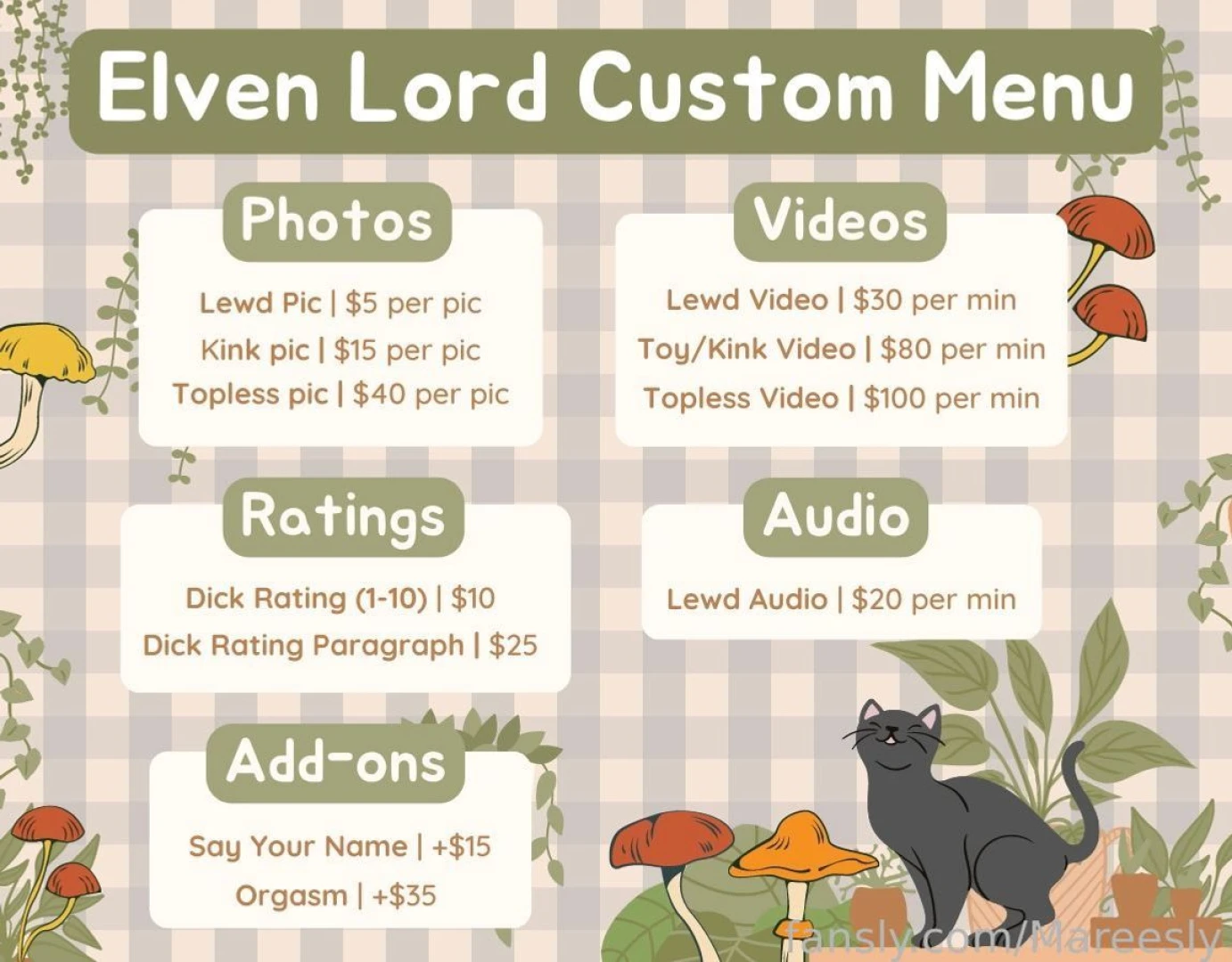 Here s my customs menu for the elven lord tier just send me a message 